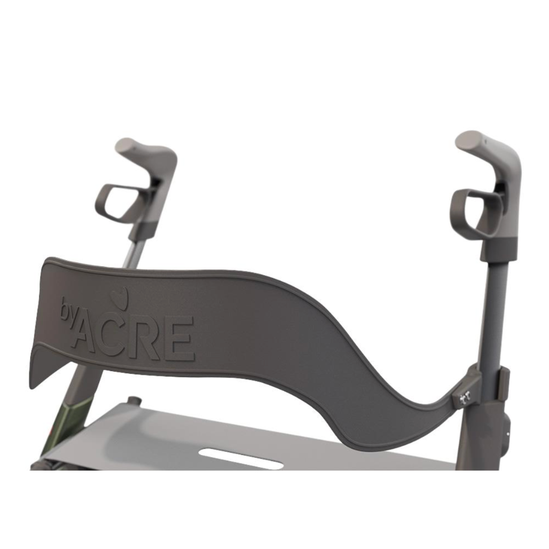 Close-up of the ByAcre Overland Carbon Fiber Rollator handlebar with a sleek gray finish, featuring the ACRE logo and ergonomic grips that blend functionality and style.